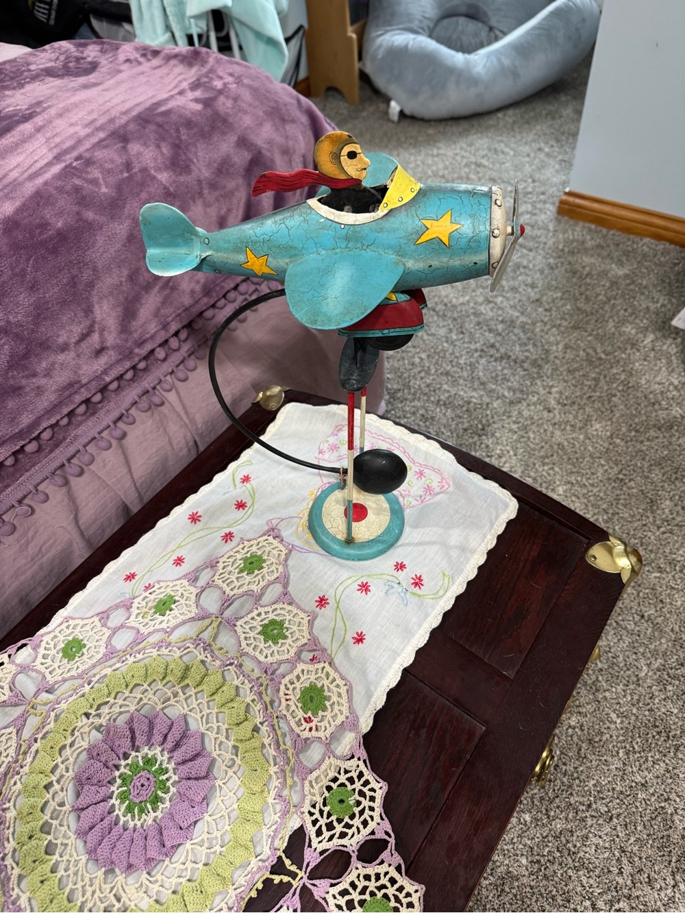 Vintage-Style Turquoise Metal Airplane Table Decor with Pilot The Flying Ace